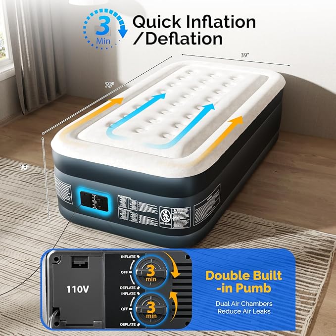 VINGLI Air Mattress Twin with Built-in Pump 18 Raised Comfort Blow Up Mattress with Double Air Chamber Inflatable Mattress Air Bed for Camping Home Dorms &amp TravelCarry Bag
