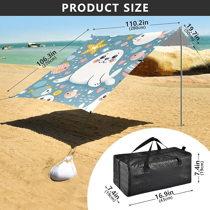 Cute Seal Star Dot and Hear Camping Sun Shelter Beach Tent Portable Beach Sun Shade Outdoor Canopy for Camping Trips Fishing Picnic