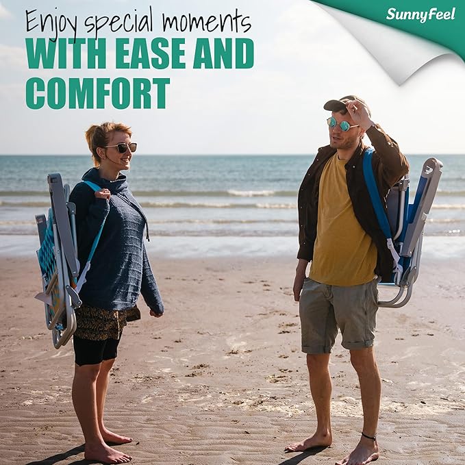 SUNNYFEEL Extra Wide 28 Low Beach Chair 5 Position Lay Flat XL Oversized Portable Folding Camping Chairs with Cup Holder for Outdoor/Trip Lightweight Foldable Backpack Beach Chair for Adults