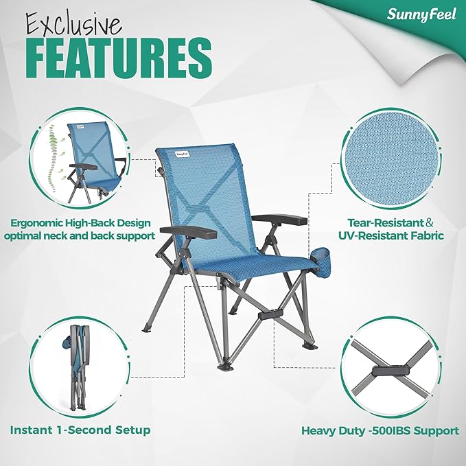 SUNNYFEEL Folding Camping Chair Heavy Duty Ergonomic Chairs Support 500lbs with Adjustable Breathable High Back Support and Cup Holder Aluminum Frame for Fishing Camp Beach Lawn RV Patio