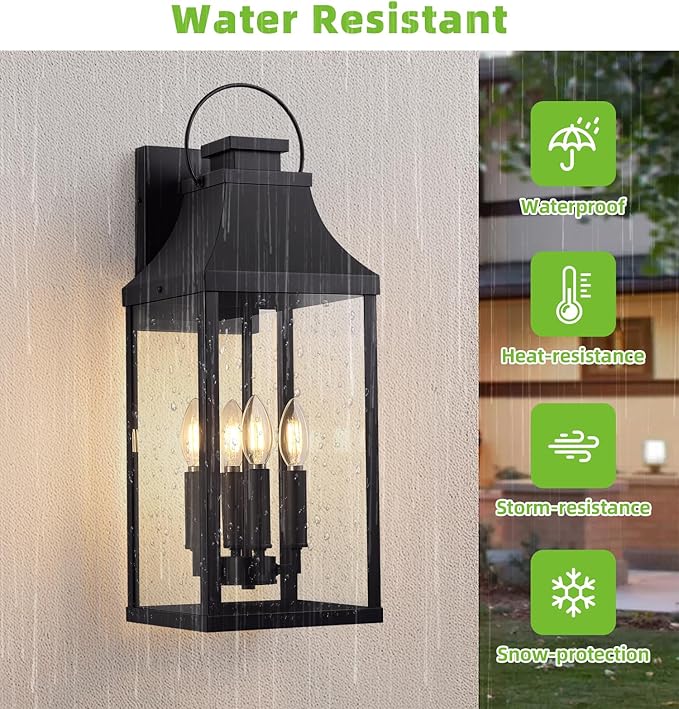 tewei 22'' Large Outdoor Wall Light Porch Light Outdoor Wall Sconce Lantern 4-Light Modern Black Exterior Lighting Fixture Wall Mount Outside Light for House Garage 1-Pack