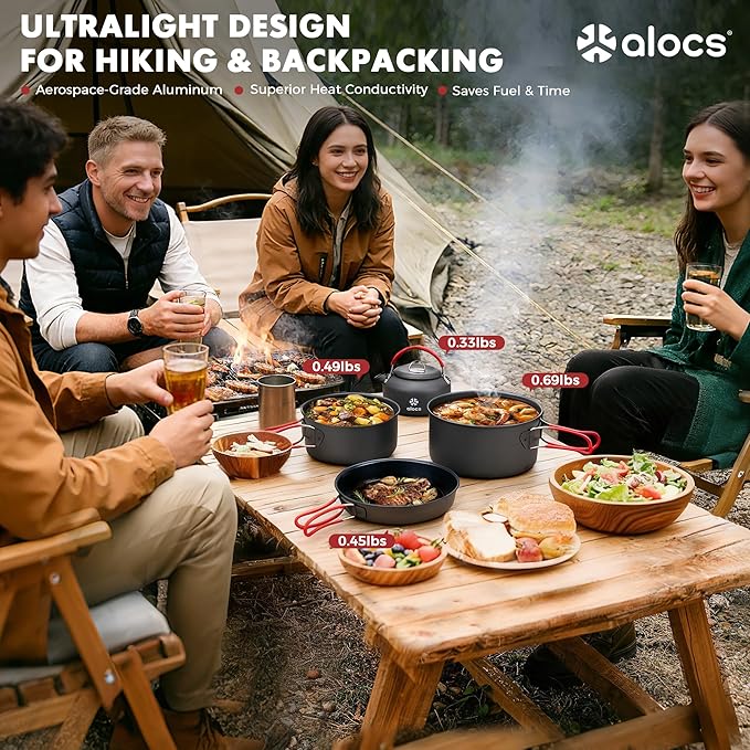 Alocs Camping Cookware Set Camping Gear Compact Camping Pots and Pans Set Durable Hard Alumina Camping Cooking Set for Outdoor Backpacking Camping Hiking Picnic Included Mesh Carry Bag