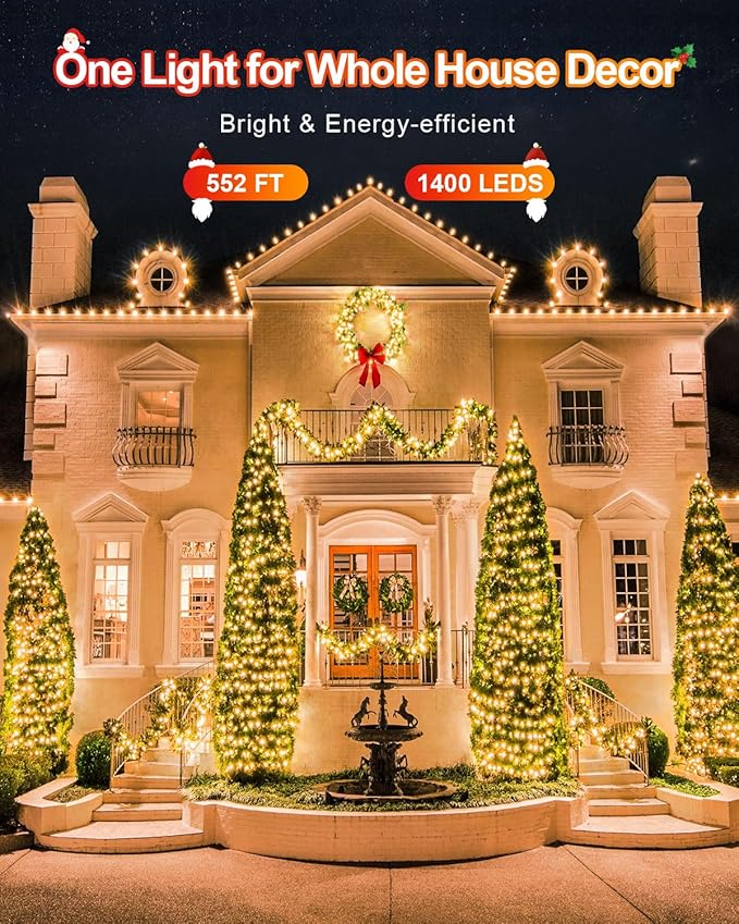 552FT 1400LED Warm White Christmas Lights Outdoor Extra Long Outdoor String Lights Waterproof Timer &amp Memory 8 Modes Dimmable Plug in Fairy for Outside Tree Wedding Patry