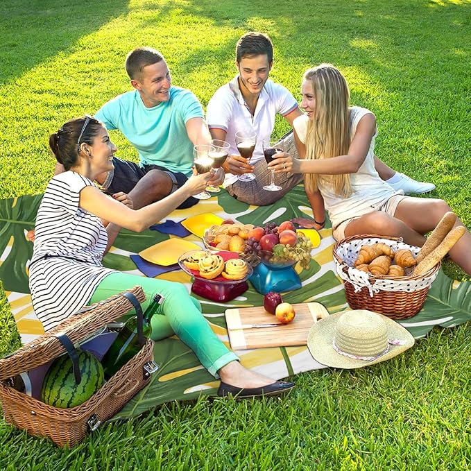 Waterproof Sandproof Beach Blanket 59''×68'' Watercolor Tropical Leaves Polyester Outdoor Picnic Blanket with 4 Stakes &amp Storage Bag for BeachCampingVacation
