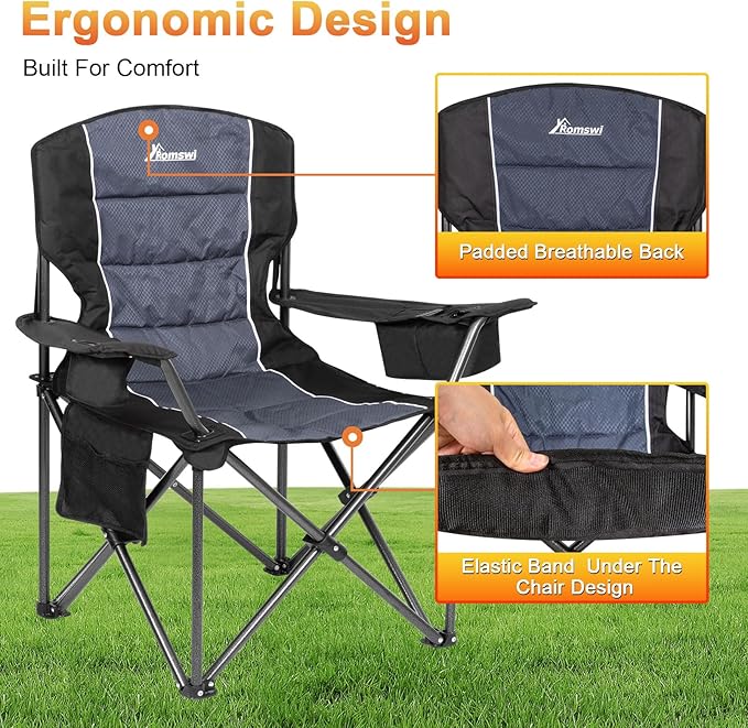Romswi Oversized Camping ChairsHeavy Duty Support 500 LBSPadded Back &amp Arm Sport Chairs Cup Holder Cooler Bag Collapsible Folding Chairs for Outdoor Fishing &amp Garden Black2-Pack