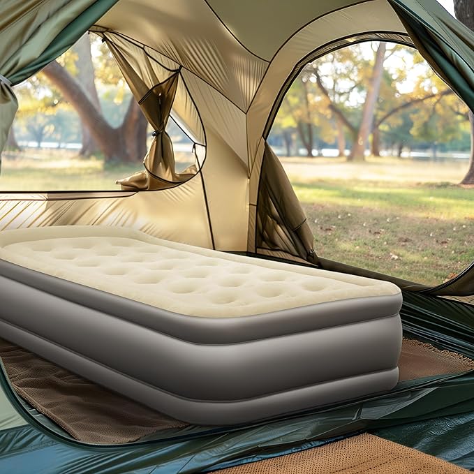 LET'S CAMP Air Mattress Camping Airbed with Electric Pump 19 Twin Inflatable 2 Minutes Quick Self-Inflation Waterproof PVC Fabric Portable for CampingTravel Home Sleeping Outdoor Guests RV