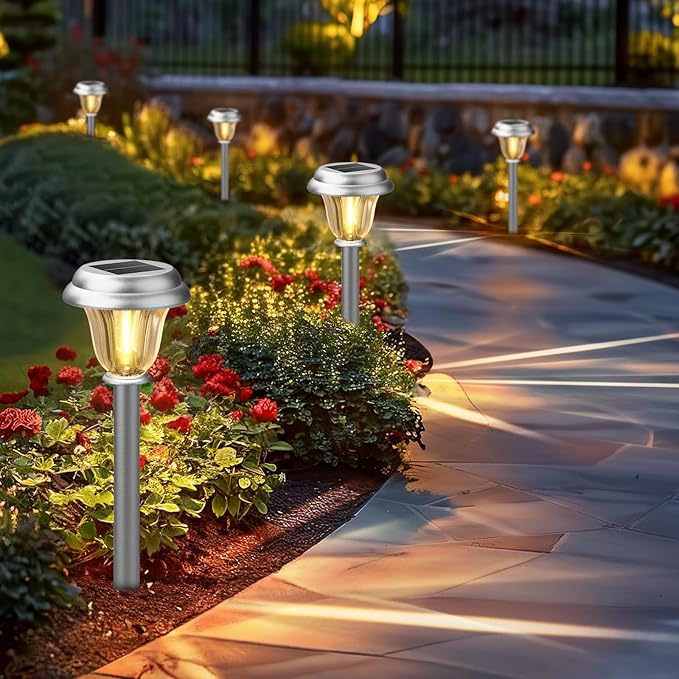 DERAYSION Solar Lights Outdoor Waterproof Brushed Stainless Steel Glass Solar Pathway Lights Auto On/Off Long-Lasting Outdoor Solar Lights for Garden Landscape Path Yard 6 Pack
