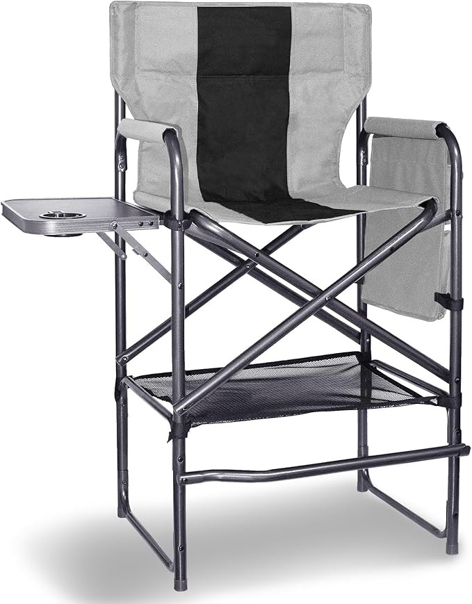 30 Tall Directors Chair with Side Table 400LBS Bar Height Folding Camping Chair for Makeup Artists Outdoor Events Portable Foldable Chair with Cup Holder &amp footrest - Gray/Black