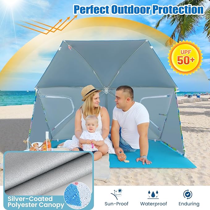 2-in-1 Beach Tent for 2-4 People UPF 50+ with Beach Umbrella with Roll-Up Windows Dual Side Flaps Groundsheet &amp Carry Bag Beach Shade for Camping Picnic &amp Sports Events