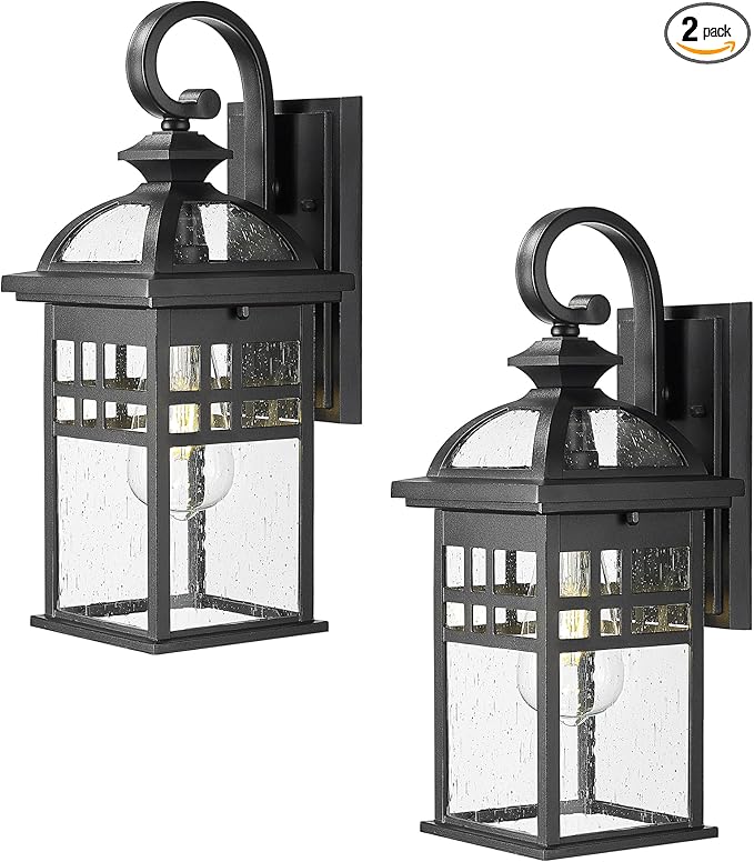 Emliviar 2 Pack Outdoor Light Fixtures Wall Mount 15 Modern Outdoor Sconce Lights for House Black Finish with Seeded Glass DE281-2PK BK