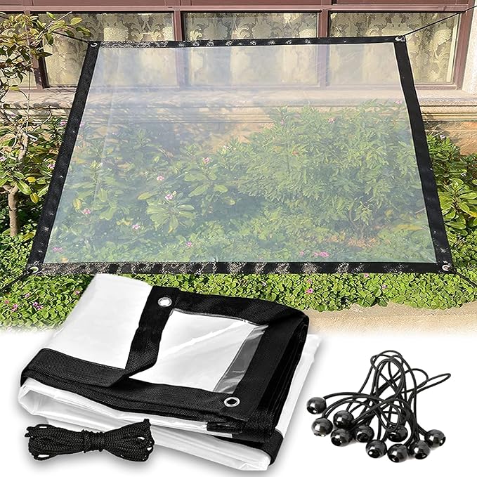 Clear Waterproof Tarp 0.18mm Thickened PVC Cover with Grommets &amp Bungee Cords for Outdoor Protection(15x17 FT)
