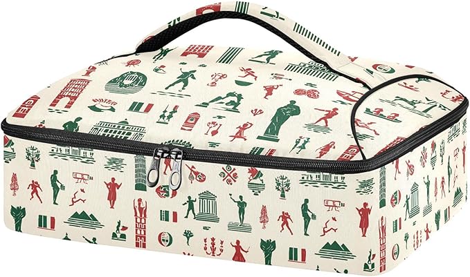 Casserole Carrier Red and Green Italian Pattern PrintInsulated Casserole Carrier for Hot or Cold Food Thermal Lunch Tote for Potluck Parties Picnic Beach Fits 9 x 13 Inches Baking Dish