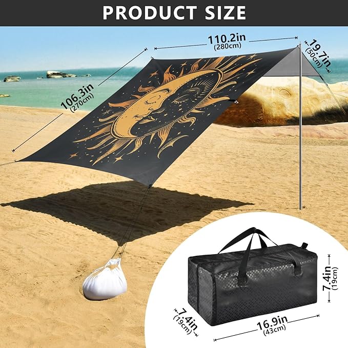 ALAZA Sun Moon Star Yingyang Beach Tent Sun Shelter UPF50+ Protection Beach Shade Canopy w/ 4 Sandbags for Outdoor Camping Fishing Backyard Fun Picnic 10x9 ft