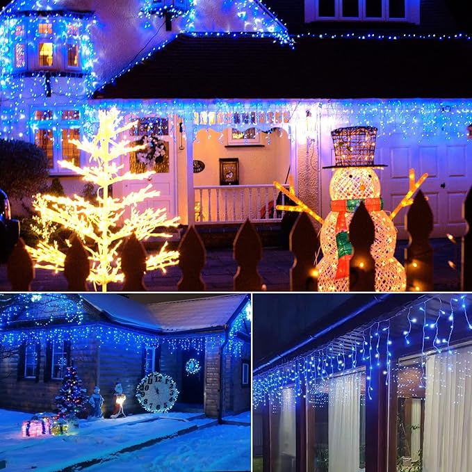 Minetom Icicle Lights for Outside 164Ft 1344 LED with 252 Drops Remote and Timer Outdoor Christmas Lights for House Roof Blue and White