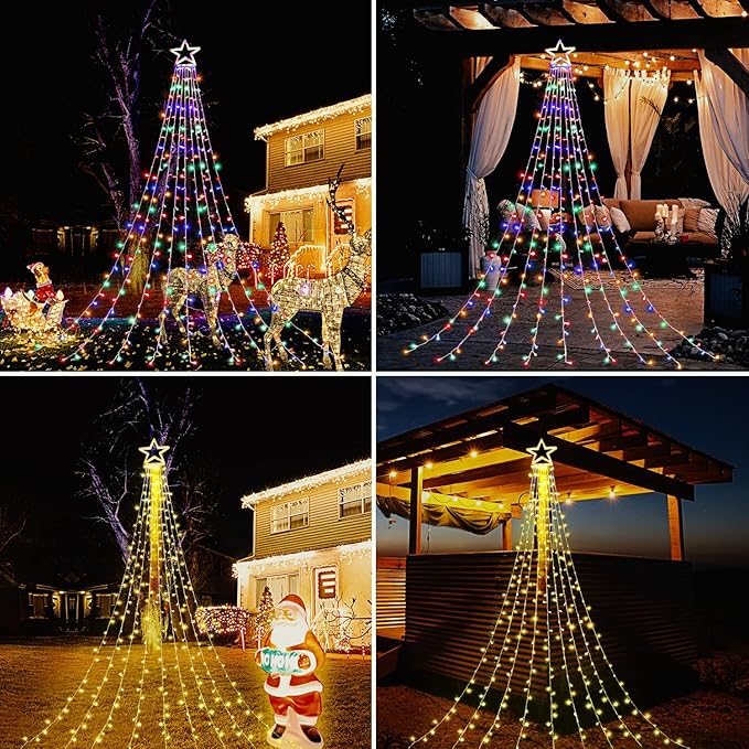 PUHONG Color Changing Christmas Lights 4 in1 Outdoor Star String Lights 320 LED Christmas Decoration Lights [11 Modes &amp Waterproof &amp Remote] for Halloween Xmas New Year Holiday (Warm+Multico