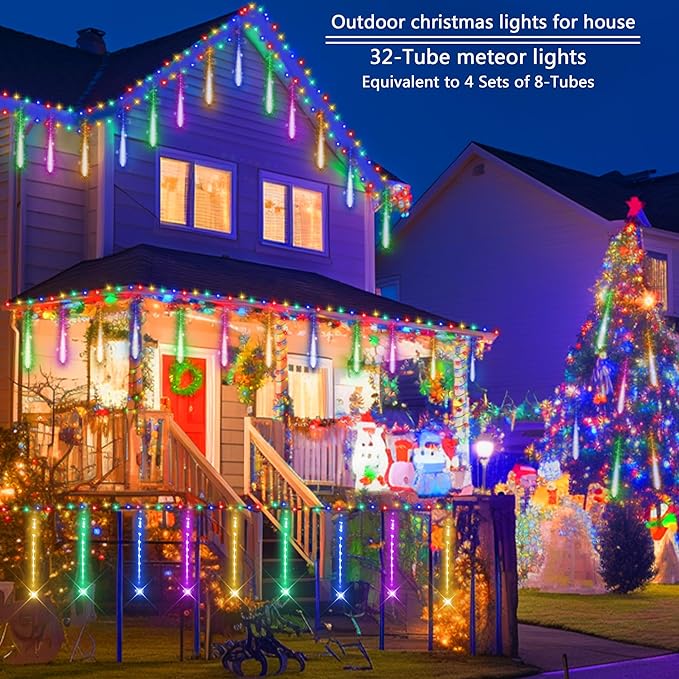 Christmas Outdoors Decoration 32 Tubes Meteor Shower Lights Outdoor Indoor Lauzior Snow Falling Icicle Cascading Lights for Christmas Halloween Decor Xmas Tree Holiday Yard Wedding Party Multicolor