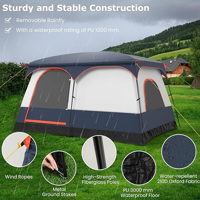 KOTEK 6-8 Person Tents for Camping Family Tent with 2 Rooms 2 Doors 2 Mesh Windows Porch &amp Removable Rainfly Large Camping Tent for Outdoor Picnic Hiking Gathering
