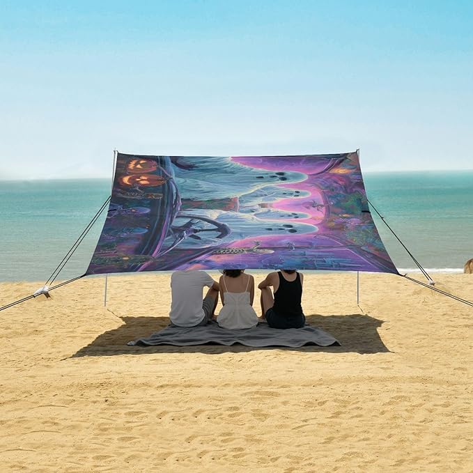 ALAZA Halloween Ghost Skeleton Driving Funny Beach Tent Sun Shelter UPF50+ Protection Beach Shade Canopy w/ 4 Sandbags for Outdoor Camping Fishing Backyard Fun Picnic 10x9 ft