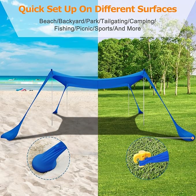 COMMOUDS Beach Tent Sun Shelter - UPF50+ Pop Up Beach Canopy with Sandbags &amp Sand Shovel &amp Windproof Poles Portable Sun Shade for Beach Camping Picnics Backyard