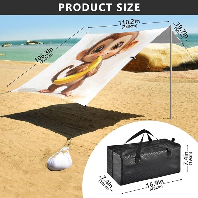 ALAZA Cute Monkey Banana Beach Tent Sun Shelter UPF50+ Protection Beach Shade Canopy w/ 4 Sandbags for Outdoor Camping Fishing Backyard Fun Picnic 10x9 ft