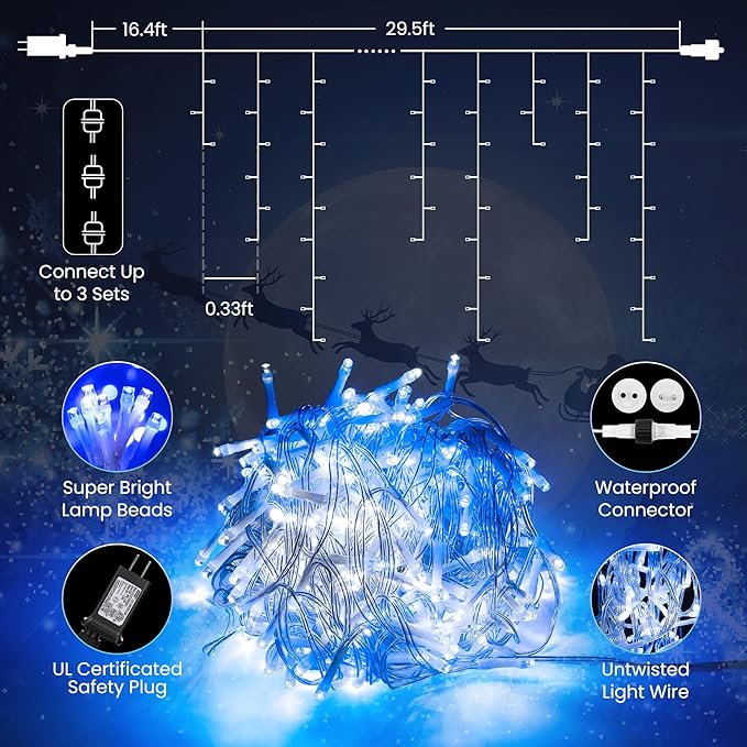 Toodour White &amp Blue Christmas Icicle Lights 29.5ft 360 LED Icicle Lights 8 Modes 60 Drops Window Curtain Led Christmas Light Icicle Twinkle Light for Eaves Party Wedding Xmas Decorations