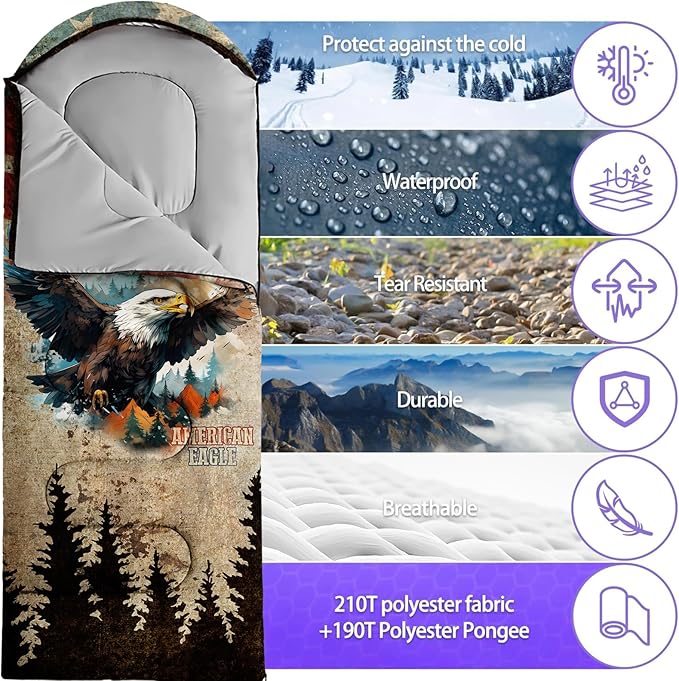 Sleeping Bags for Adults Youth Kids3D Printing Camping Sleeping Bag for Girls Boys Lightweight Waterproof Cold/Warm Weather Sleeping Bag for 3 Seasons
