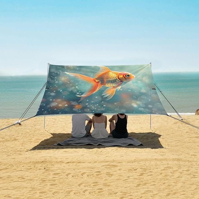 Goldfish Pattern Beach Tent Sun Shelter 9.2' x 10.5' Beach Canopy with 4 Sandbags 4 Stability Poles Sand Shovels - Tent Canopy for Beach Camping Fishing Picnics