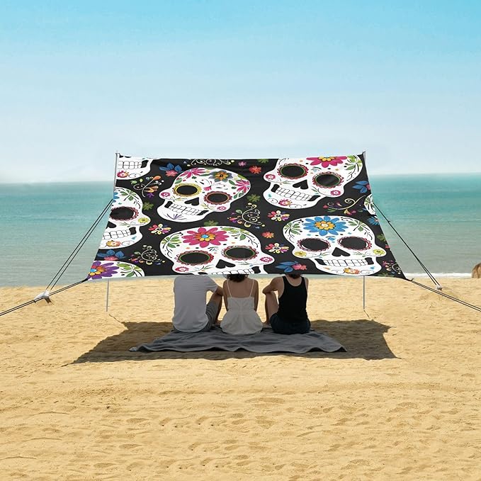 ALAZA Skull Pattern Beach Tent Sun Shelter Portable Canopy Sunshade for Outdoor Camping Picnics Backyard Fun 10x9 ft