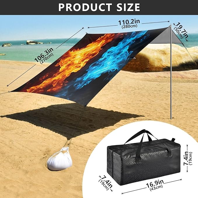 Red Blue Flame Beach Tent Sun Shelter 9.2' x 10.5' Beach Canopy with 4 Sandbags 4 Stability Poles Sand Shovels - Tent Canopy for Beach Camping Fishing Picnics