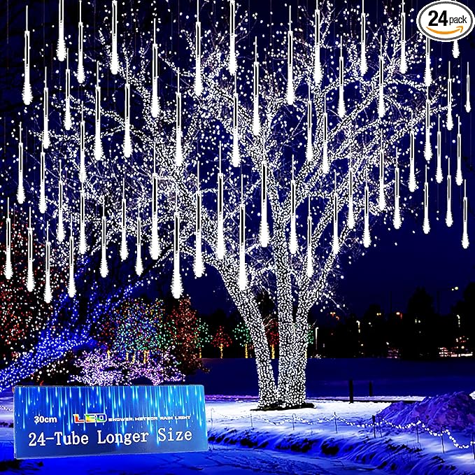 Kwaiffeo Christmas Lights Outdoor 24 Tubes(Equivalent to 3 Sets of 8-Tubes) Meteor Shower Light Snow Falling Icicle Lights for Xmas Tree Halloween Decoration Wedding Party Window UL Plug White