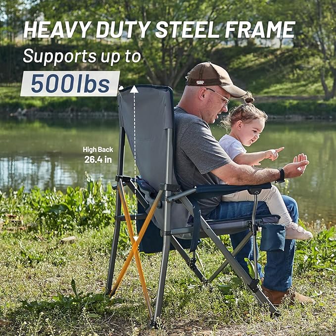 Timber Ridge Oversized Folding Camping Chair with Lumbar Support Adjustable High Back Heavy Duty for Adults Support up to 500lbs with Cup Holder Cooler Bag Side Pocket Blue