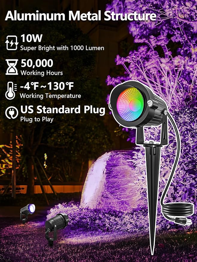 Christmas RGBW Outdoor Spotlights for Yard 10W Color Changing Landscape Lights with Remote Control 120V LED Landscape Lighting Waterproof Spotlight with Plug Tree Garden Path Decoration(2Pack)
