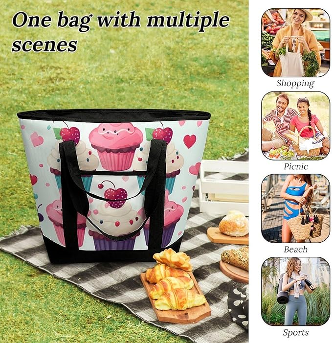 Insulated Shopping BagLarge Reusable Cooler Bags Cupcake Candy Hearts Sweet Printed Foldable Shopping BagTravel Waterproof Shoulder Bag