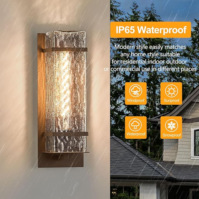 Brown Outdoor Wall Light 13.4in Exterior Waterproof LanternsPorch Sconces Wall Mounted Lighting with E26 Sockets &amp Textured Glass Shades for GarageDoorwayPatioFront Door
