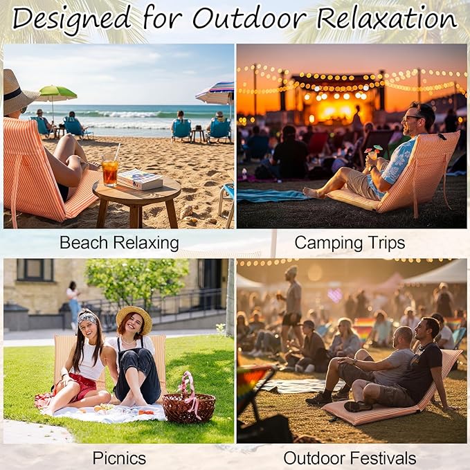 Karenhi Foldable Beach Chair Portable Collapsible Adjustable Beach Floor Chair Portable Ground Seating Backpack Carry Lightweight Sand Seat Light Weight Lazy Seat for Travel Yard Lawn
