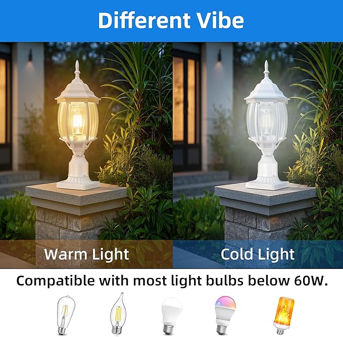 2 Pack White Outdoor Lamp Post for Patio Pathway 17inch White Outdoor Post Light Fixture for House Pier Mount Outside Lighting Exterior Pole Lamp 17” Coach Light