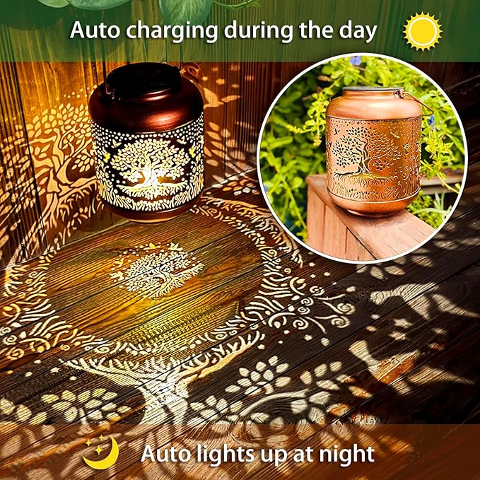Tree of Life Solar Lanterns Outdoor Waterproof Hanging Solar Lights Big Tree Gifts for Women Men Metal Decorative LED Lanterns for Yard Patio Lawn Tabletop Pathway Landscape Garden Decor