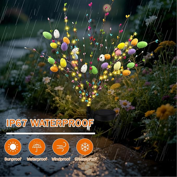 2 Pack Solar Easter Egg Lights Outdoor 96 LED Waterproof Solar Easter Yard Decorations Outdoor Easters Yard Stakes Lights with 2 Lighting Modes for Outside Lawn Walkway Patio Cemetery Grave