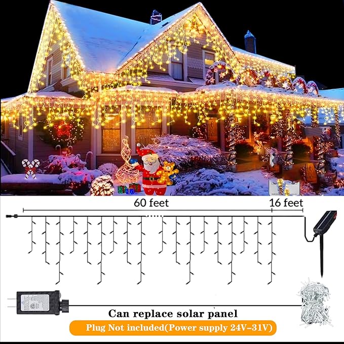 Upgraded 640LED Solar Christmas Icicle Lights Outdoor Waterproof60+16FT 13 Modes &amp USB Rechargeable Solar Powered Icicle Light for Roof House Yard Christmas Outdoor Decoration (Warm White)