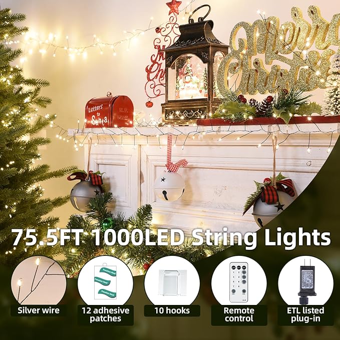 Fairy Lights Plug in 65Ft 1000LED Warm Christmas Wreath Twinkle Lights with Timer Remote Waterproof Firecracker Firefly Cluster String Light for Bedroom Graland Party Tree Decor Black Wire