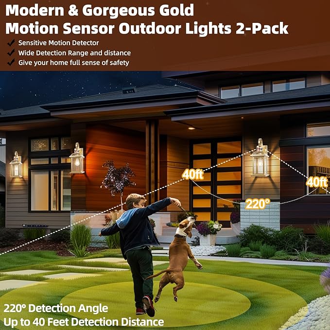 Gold Motion Sensor Outdoor Light Fixtures Dusk to Dawn 2-Pack 16 Inch Brass Outdoor Wall Sconces Photocell Outside Lights for House Front Porch Lights Carriage Coach Lights Courtyard