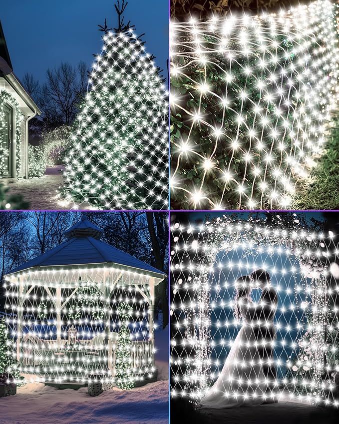 Coroor 12ft x 5ft Christmas Net Lights 360 LED Lights with 8 Modes Connecable Timer Waterproof Outdoor Bush Mesh for Home Garden Wedding Yard Decorations - Cool White