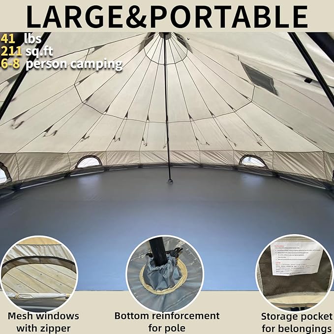 DANCHEL OUTDOOR B2 Portable Yurt with Stove Jack for Winter Camping 4 Season Bell Tent Large Hot Tent 4/6 Person Family Camping Glamping Party 300D Oxford Khaki 13ft/16.4ft