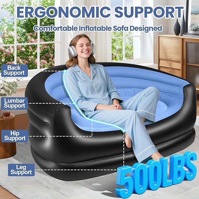 LanSuper Twin Size Inflatable Couch Blow up couch with PumpFlocked Surface Inflatable Chair for Adults Portable Air Sofa Inflatable Couch Waterproof Air CouchComfortable Blow up Couch for Camping