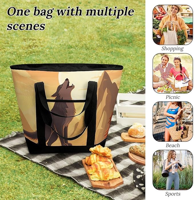 Insulated Shopping BagLarge Reusable Cooler Bags Wolf Printed Foldable Shopping BagTravel Waterproof Shoulder Bag