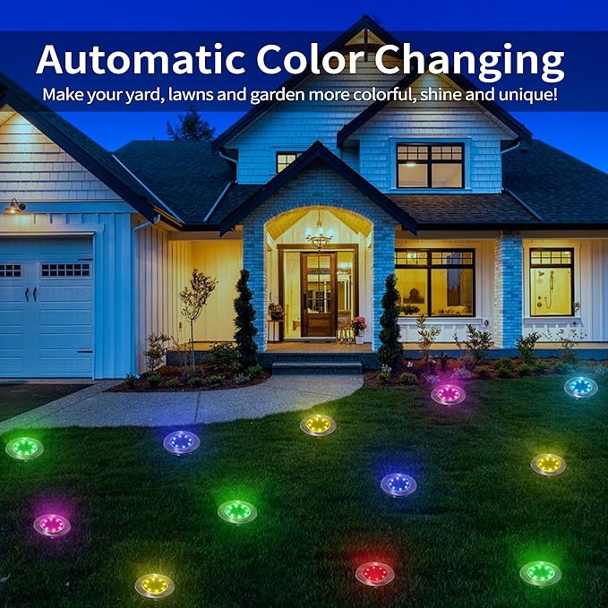 LYHOPE Solar Ground Light Outdoor 16 Pack 8 LED Color Changing Solar Disk Lights Waterproof Garden In-ground Pathway Lights Landscape Lighting for LawnYardDeckPatioWalkway (RGB)