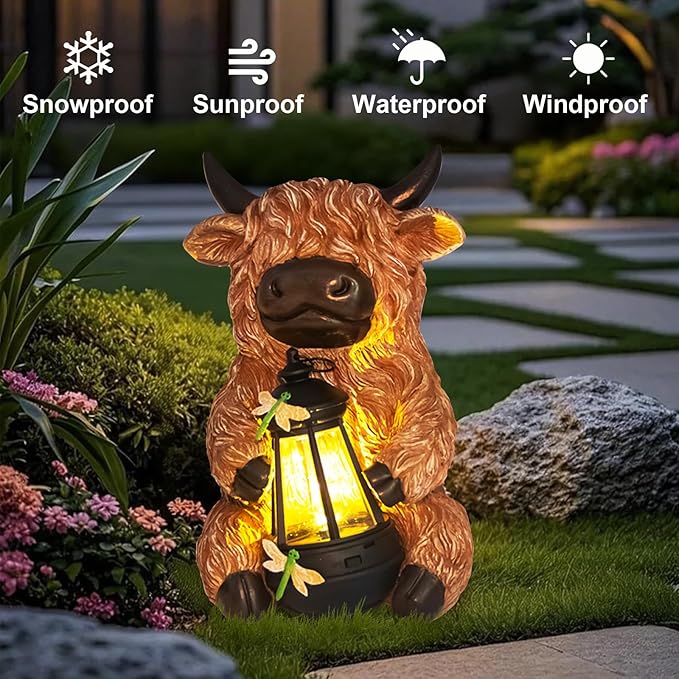 DKJOCKY Highland Cow Garden Decor Statue with Solar Light Lantern Birthday Gifts for Women Mom Grandma Funny Waterproof Resin Figurine Outdoor Decorations for Yard Patio Lawn Balcony Porch