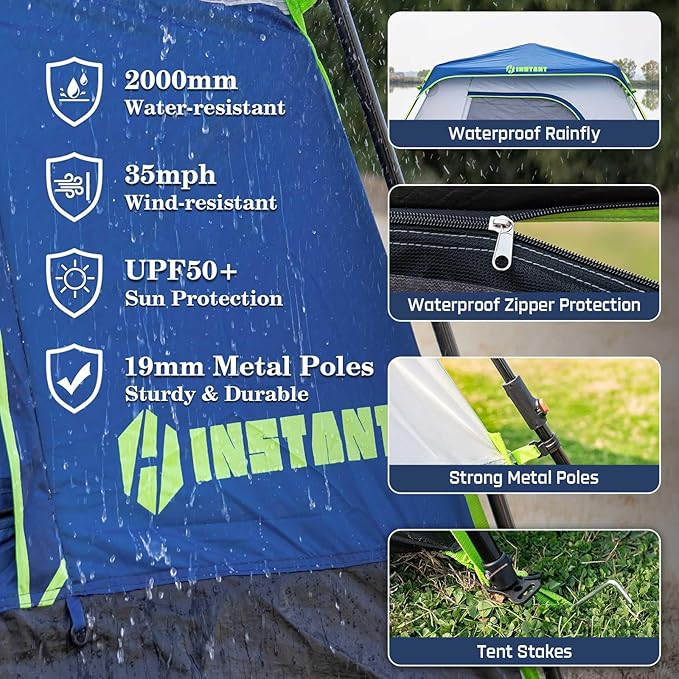 4/6/8 Person Instant Tent Waterproof Pop Up Tents for Camping with Rainfly 60 Seconds Easy Setup Automatic Cabin Tent for Family Camping with Expandable Carry Bag &amp Upgraded Ventilation