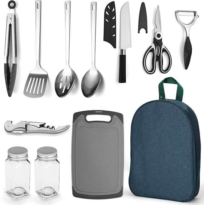 Evanda Camping Kitchen Cooking Utensil Set 10 Piece Stainless Steel Outdoor Cooking and Grilling Utensil Organizer Travel Set Perfect for Travel Camping RVs BBQs Picnics Parties and More