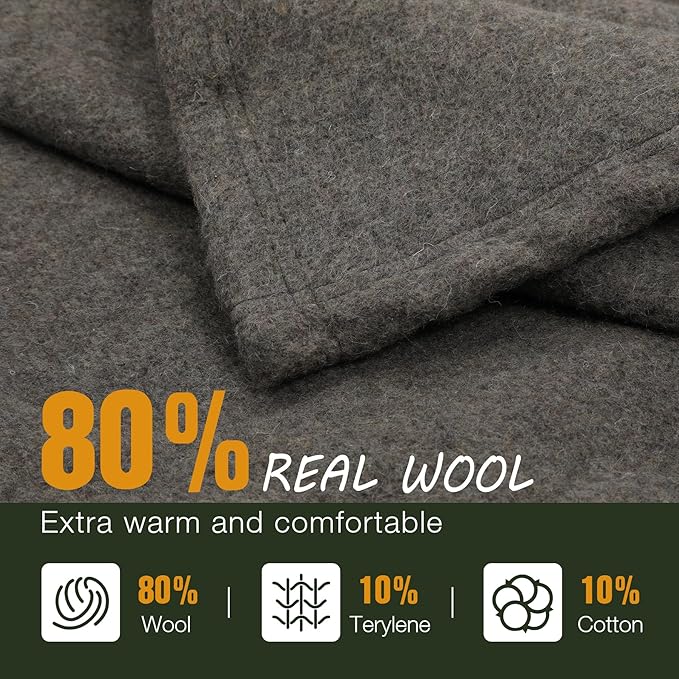 REDCAMP Wool Blanket Warm and Thick Wool Camping Blanket- Great for Outdoors Camping Stadium Blanket Picnics Travel and Car Machine Washable 86x 63 Grey